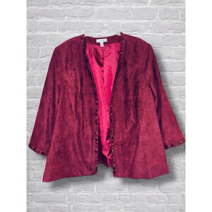 Dressbarn Women's 22/24 Maroon Open Front Embellished Blazer Jacket Career Work